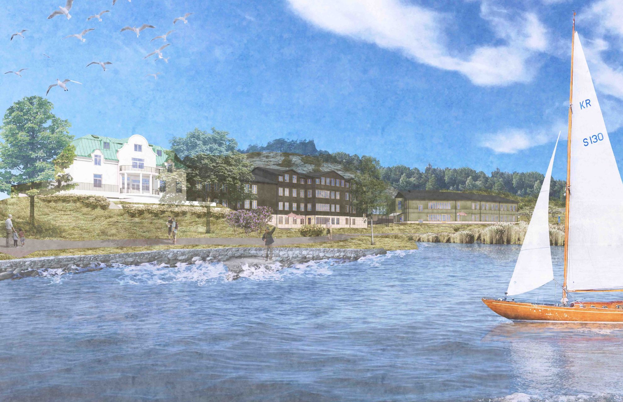 Illustrerad visionsbild av nybyggda äldreboendet sett från vattnet