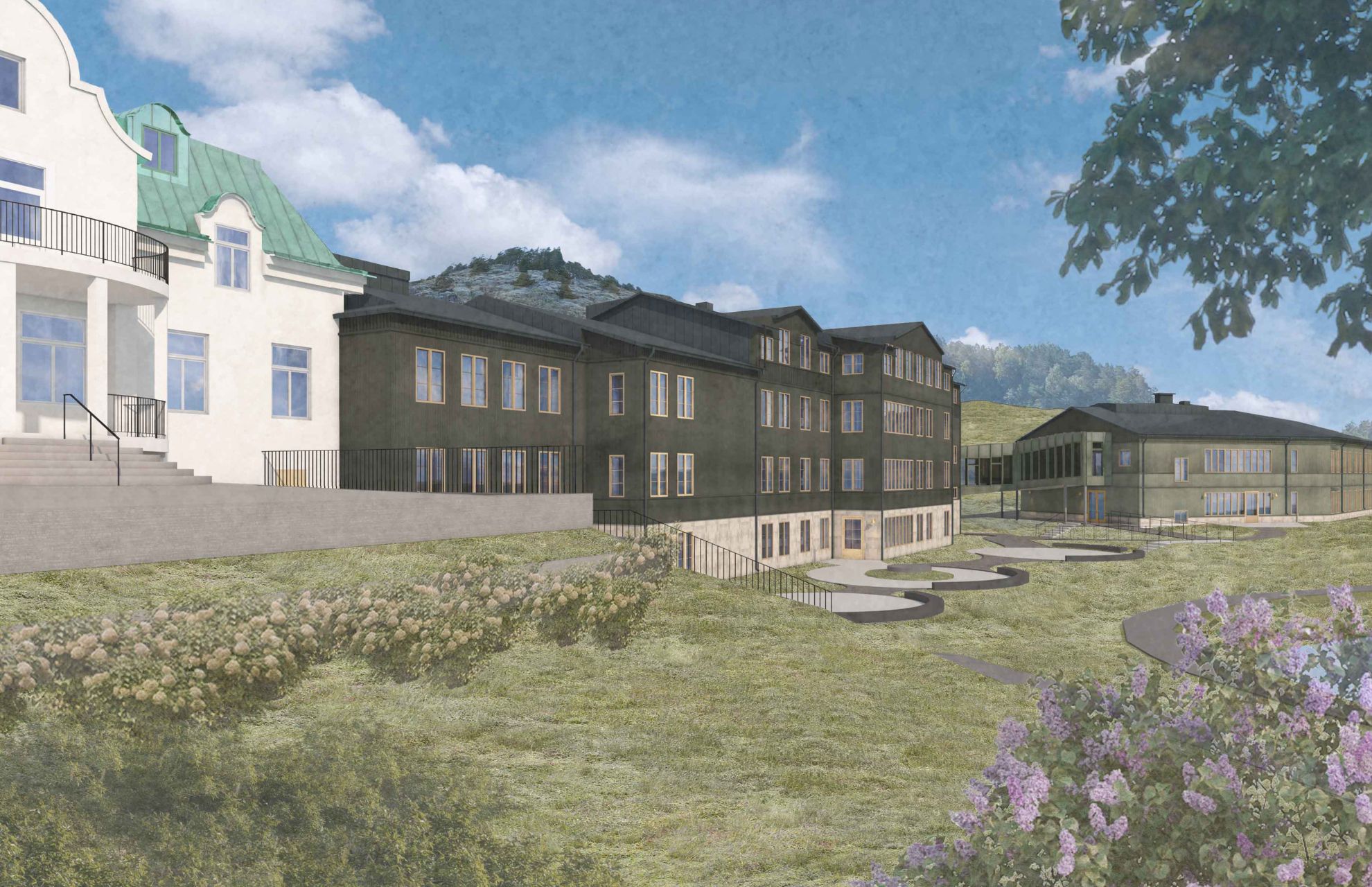 Visionsbild av nybyggnationen med trädgård framför.