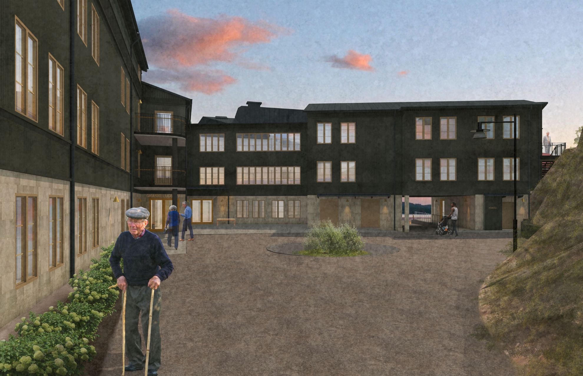 Visionsbild av nybyggnationen från baksidan